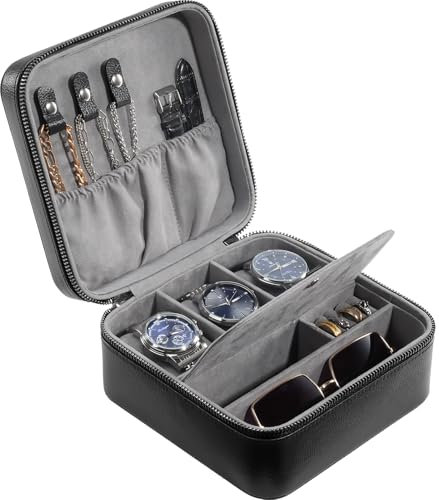 ProCase Porta Orologi da Viaggio, Scatola per Orologi in Pelle PU Portagioie Uomo, Portatile Cofanetto Orologio Custodia Organizer per Uomo/Donna -Nero/3 Slot