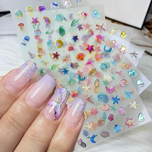 12 Hojas Pegatinas Uñas Verano, Pegatinas para Uñas de Conchas y Estrellas de Mar, Uñas Pegatina Océano, Nail Stickers 3D, para DIY Uñas (B)