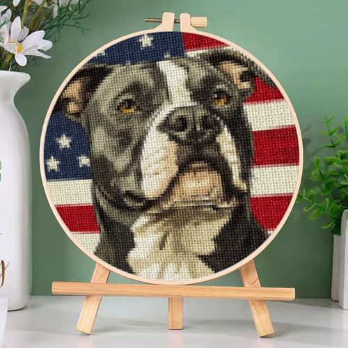 DIY Stamped Cross Stitch Kits Pitbull Dog with Flag with Hoop 20x20cm-3