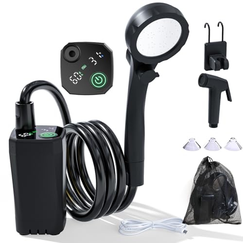Clirass Portable Shower for Camping, 6000mAh Rechargeable Camping Shower Pump with Power & Temperature Display, Shower Head and Bidet Sprayer,Outdoor Shower Pump for Hiking, Travel, Pet (Black)
