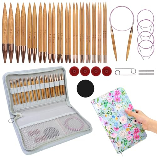 Knitiss Circular Knitting Needles Set, Bamboo Interchangeable Circular Knitting Needles Set with Swivel 360° Interchangeable Cable, 13 Pairs of 10cm Round Needles from 3mm to 10mm