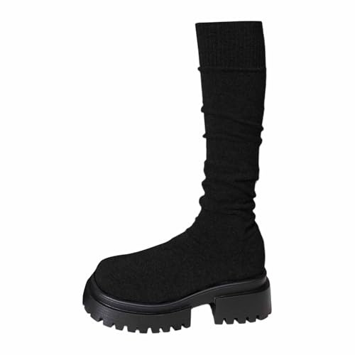 Generisch 2025 Stivali sopra il ginocchio, eleganti elastici, gambo lungo, tacco grosso, punta tonda, vestibilità aderente, scarpe da calzini a maglia per abiti alla moda, Nero , 39 EU