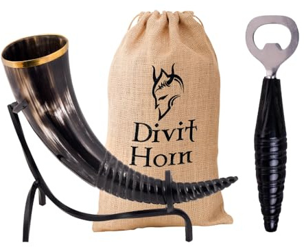 Divit Horn cuerno auténtico de cerveza vikingo con soporte de hierro | Cuerno de Cerveza Medieval de 450-500 ml | Bolsa de regalo de tela incluida (Swirl Horn & Swirl Horn Opener)