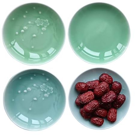 Twokiln Longquan celadon 4.0 inch Beautiful Plates,Appetizer Saucer Vinegar Dish, Sushi Dipping Saucers, Ceramic Dessert Dishes,Natural Mineral Glaze lead-free 4 pcs (Four celadon)