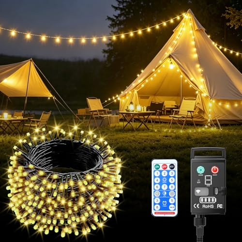 Kinamy LED Lichterkette Außen Batterie, 10M 100 LED Warmweiß Lichterketten Aussen Innen USB Aufladbare, 8 Modi mit Timer und Fernbedienung, Wasserdicht Lichterkette Outdoor für Balkon Weihnachten