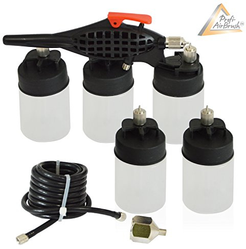 Airbrush-pistol för airbrush kompressorset Basic Airbrush Body Art med 5 färgbehållare – kosmetikområde, smink, sollös tanning, nageldesign, tatuering, optimal airbrushpistol
