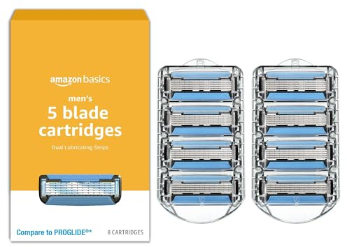 Amazon Basics 5-Blade MotionSphere Razor Refills for Men with Dual Lubrication and Precision Beard Trimmer, 8 Cartridges (Fits Amazon Basics Razor Handles only) (Previously Solimo)