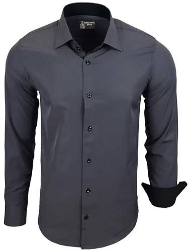 Subliminal Mode - Repassage Facile Chemise Homme Col Bicolore Uni Manches Longues Coupe Slim Business Idée Cadeau, Noël, Saint Valentin RN44,6XL,Gris