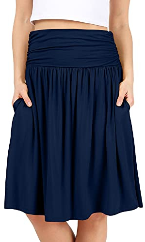 Simlu Röcke für Damen, normale und große Größe, Rock mit Taschen unterhalb des Knies, gerüschter, fließender Midirock, Navy Midnight, Mittel