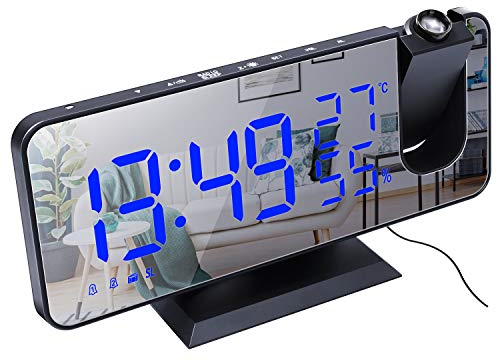 ThreeH Projection Alarm Clock Radio Digital Alarm Clock 4 Dimmer & 180° Rotable & 2 Sounds 7.4'' Large Mirror Display Black-Blue