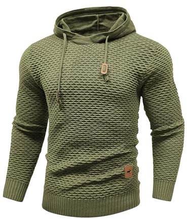 HYPESTFIT Men's 3D Fish Scale Form Fitting Muscle Knit Sweater Drawstring Hooded Sweatshirt Army Green