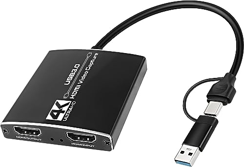 XMSJSIY Tarjeta de captura de video HDMI 4K HDMI a HDMI USB/USB C 3.0, dispositivo de tarjeta de grabación de video Full HD 1080P 60FPS para jugar juegos, transmisión en vivo, grabación de video con