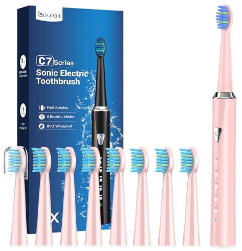 Spazzolino Elettrico Sonico per Adulti e Bambini - Spazzolino Elettrico con 8 Testine, 5 Modalità, Impermeabile IPX7, Spazzolini Elettrici ad Ultrasuoni per Famiglia e Viaggi, Rosa Perlato