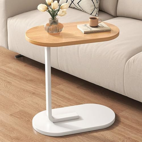 Beistelltisch C Form, Holz C-förmiger Beistelltisch für Wohnzimmer, Couchtisch Klein Side Table, Ovaler Couch Beistelltische mit Schiebeunterseite – Perfekter Klein Couchtisch Sofatisc (White-A)
