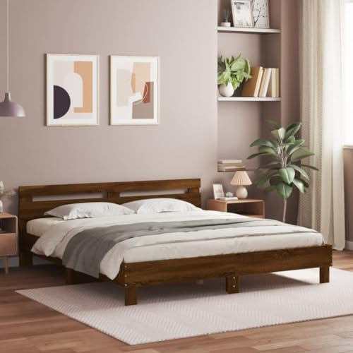 Festnight Marco de Cama 160 x 200 cm con Cabecero Estructura Cama Marrón Roble Cama con Luces LED y Somier Soporte de Láminas de Madera Base De Cama