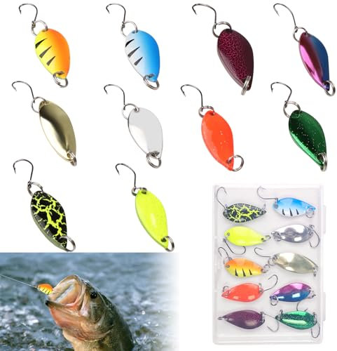 10 Stück Forellenköder Set, Realistische Spoons Forelle aus Metall, Mini Blinker Angeln mit Haken, Angelzubehör Forelle mit Spoon Box, für Eine Vielzahl von Fischen und Gewässern