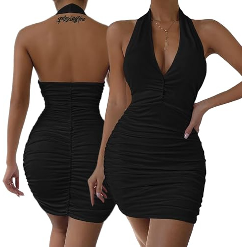 Hanaoops Womens Sexy Mini Dress Deep V Neck Ruched Halter Bodycon Dresses Sleeveless Backless Short Dress Summer Party Night Out Club Tank Dresses Black
