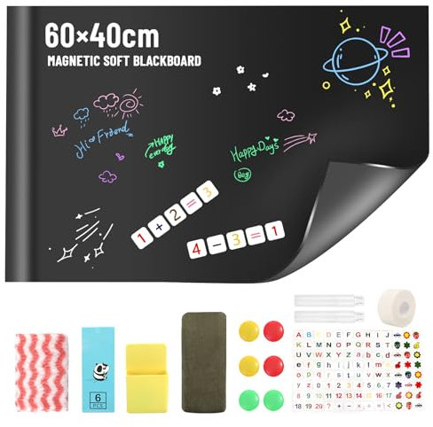 Pavlleen Papier Tableau Noir Magnétique, 60 x 40 cm Tableau Magnetique Mural, Tableau Noir Effacable Autocollant, 6 Craies Sans Poussière, Tableau Aimanté Mural Film pour Surfaces Lisses
