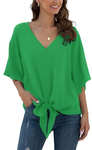 Anelune Ladies' Chiffon Blouses Short Sleeves Summer Tops | V-Neck, Tie Front, Batwing Sleeves, Loose Casual, for Women UK, T-Shirts