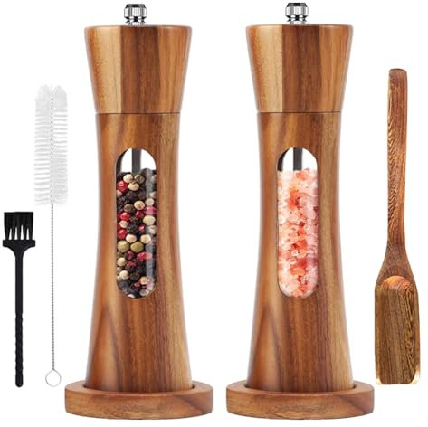 Uallsny Pfeffermühle Holz Salz und Pfeffer mühle 2er Set mit Untersetzer Manuell Gewürzmühle verstellbarem Keramikmahlwerk Salzmühle für Pfeffer Salz Gewürze Höhe 20 cm