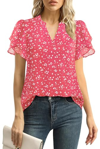 Lotusmile Womens Dressy Chiffon Blouses Summer Puff Petal Short Sleeve Shirts V Neck Casual Work Tops, Raspberry Pink Dot, XXL