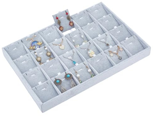 arricraft Vassoio portagioie impilabile a 24 scomparti, vassoio portaorecchini, collane e bracciali in velluto grigio con divisori rimovibili, espositore per gioielli da donna