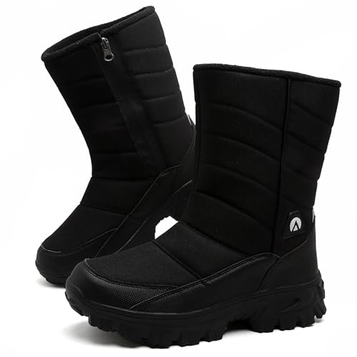 Topwolve Snow Boots Men's Waterproof Side Zip Winter Boots Outdoor Warm Fur Lined Mid Calf Walking Booties,Black,11 UK