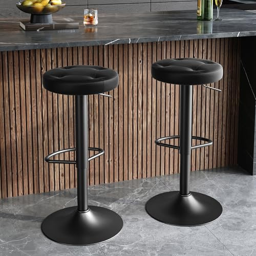 HOOBRO Juego de 2 Taburetes de Bar Redondos con Altura Ajustable, Asiento Giratorio 360° Tapizado en PU, Marco Metálico con Reposapiés, para Bar, Cocina, Cafetería y Restaurante, Negro EBB82BYP201