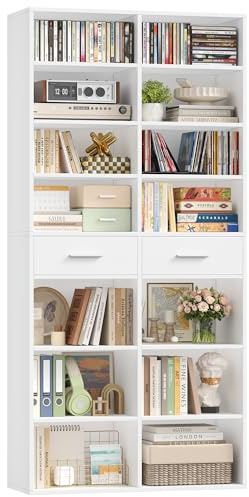 HOCSOK Bücherregal, 185,5 cm Hoch Standregal mit 2 Schubladen, Regal mit 8 Ebenen, Bücherschrank Vitrinenschrank Offenes Aufbewahrungsregal für Arbeitszimmer, Büro, Wohnzimmer, Schlafzimmer