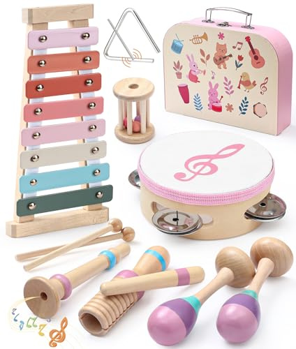 Atoylink Instrument de Musique Bébé en Bois Xylophone Bébé, Tambour Enfant, Trompette, et Mallette Portable Montessori – Cadeau 1 an Garçon et Fille