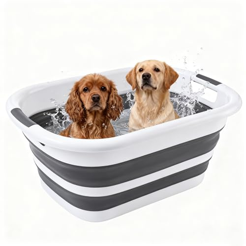 26L/40L Large Collapsible Mop Bucket with Handle for Cleaning, Silicone Portable Pet Bathtub for Puppy Small Dogs Cats, Foldable Laundry Basket Hamper Clothes Storage Bin Space Saving Design (26L)