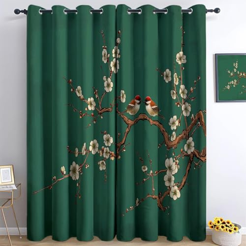 Mörkläggningsgardin 3D orientalisk grön blommor fåglar blommor plommonträd pajer gardin fönster ljudisolerande ljudisolerande ogenomskinlig med öljetter för barnrum vardagsrum dekoration, set med 2