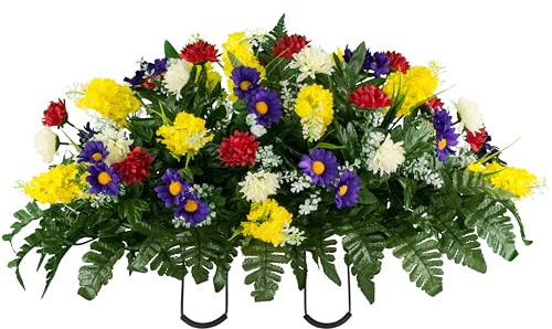 Sympathy Silks Artificial Cemetery Flowers – Realistic Wildflower Outdoor Grave Decorations - Yellow Red Wildflower Saddle for Headstone
