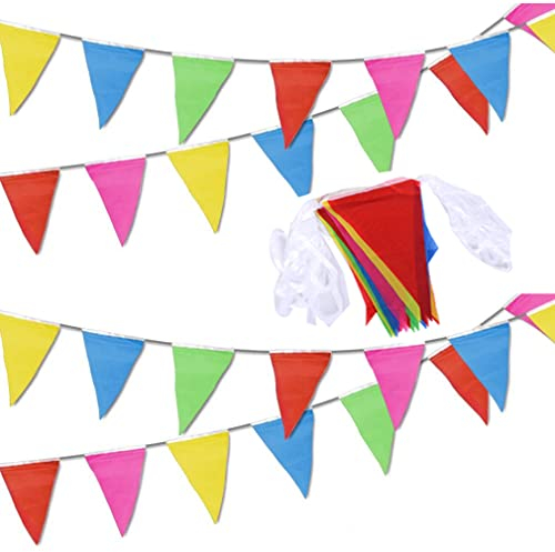 40M/ 131ft Bunting Banner with 80 Flags Multicolor Nylon Fabric Flag Pennant Banners Outdoor Triangle Garland Flags for Birthday, Wedding,Baby Shower, Indoor Activity Party Festivals Decoration