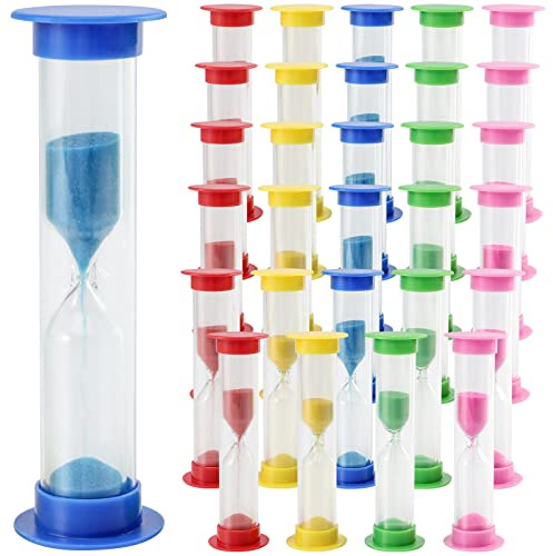 MUKCHAP Lot de 30 sabliers colorés de 8,6 cm, 1 minute, 6 couleurs, mini sablier en plastique, jeu de gestion du temps, compte à rebours, jaune, rouge, bleu, vert, rose
