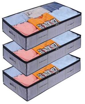 Storagezoid 3 Pack 90 L Three-ply Foldable Underbed Storage Bags with Reinforced Handles, Sturdy Zips, Large Capacity & Clear Window for Clothes, Shoes, Blankets, Bedding and Duvet
