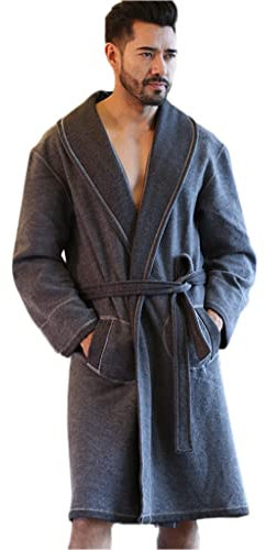 Men's Thick Stitch Needle Double Nightgown Japanese Kimono Dressing Gowns Bathrobes Pajamas Set Loungewear Fleece with Large Lapel Pockets (Color : Gray, Size : XL-115cm)