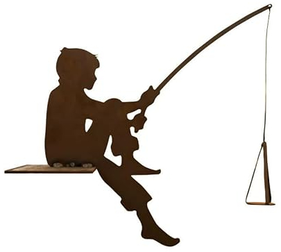 Figura de jardín pequeño pescador Toni sentado para borde, 38 cm, asiento de borde oxidado, decoración de jardín, resistente a la intemperie, metal oxidado, estanque, figura marítima de metal