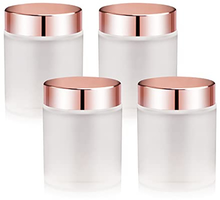 4 Pack,3.4 oz Frosted Glass Jars with Lids,Round Empty Storage Containers with Rose-Golden Lids & Inner Liners,Travel Jars Pot for Cosmetics,Gel,Scrubs,Makeup,Face Cream Lotion