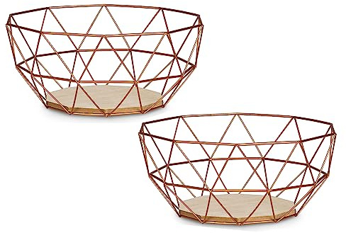 levandeo Uppsättning av 2 korgar metall koppar 26 x 12 cm fruktkorg modern trä MDF brun skål skål skål dekoration design bordsdekoration industriell stil