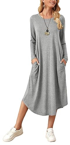 ORANDESIGNE Robe T-Shirt à Manches Longues Femme Robes Longues Col Rond Décontractée Élégante Robe Midi Coupe Ample Robe Robe à Ourlet Rond Automne Chemises de Nuit avec Poches A Gris XXL