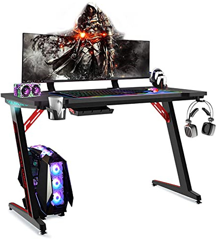 AufuN Gaming Tisch 120 x 60cm, Gaming Schreibtisch mit LED Beleuchtung, Kopfhörerhaken und Getränkehalter, Stabiler Computertisch Arbeitstisch, PC Tisch Gaming(Tye A mit LED)