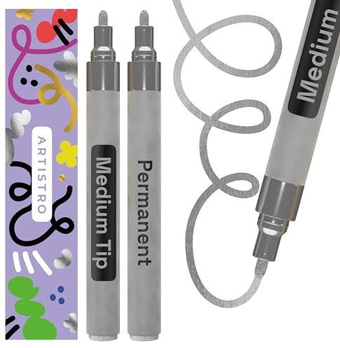 Artistro Marcador Permanente Plateado 2 Piezas – Marcadores Impermeables para Neumáticos, Tela, Piedra, Vidrio, Cerámica, Madera, Papel – Pintura al Aceite Punta Media 3 mm