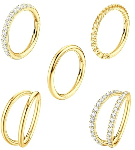 Diamday 5 Piezas de Piercing Nasal de Acero Quirúrgico 18G 16G para Mujeres Anillos en Forma de Lazo con Circonia Anillos de Septo Articulados con Cierre de Clic Joyas para Piercing de 8mm 10mm