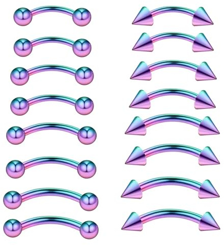 VIDSTW 16pcs Courbé Barbells 6/8/10/12mm Implant Grade Titane Courbé pour Sourcils Lèvres Rook Hélix Tragus Piercing Bridge Piercing Anneau Ventral Piercing (Laser)