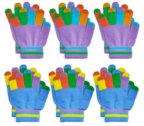 UILYNIU 6 Paar Handschuhe Kinder, Winter Magische Handschuhe Vollfinger Warme Strickhandschuhe Thermo Bunte Stricken Fingerhandschuhe Thermohandschuhe Kinderhandschuhe für Junge Mädchen 6-12 Jahre (M)