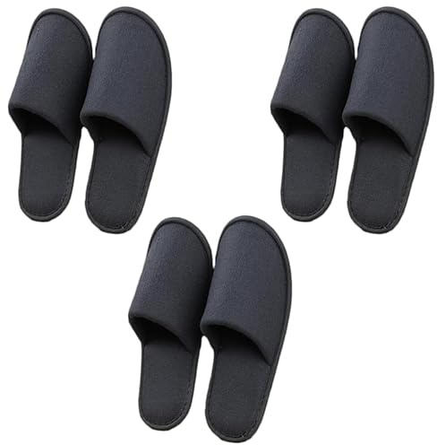 JISRKP 3 Pairs Hotel Slippers, Black, Size 5 UK Men/ 18.5 UK Women, Women's Comfortable Non-Slip Spa Slippers, Perfect for Travel, Hotels, Home Use