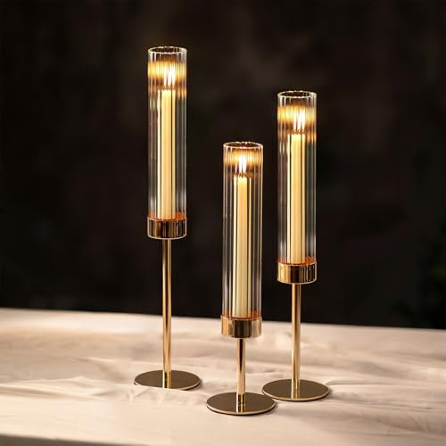 NUPTIO Tall Candlestick Holders for Centerpiece: 3 Pcs Hurricane Candles Holder with Ribbed Glass Sleeve - Gold Metal Candle Stick Holders for Table Fireplace Living Room Decor