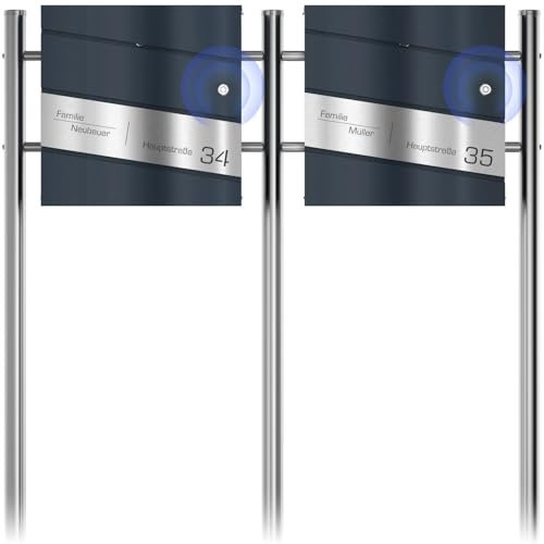 Graviers Design Cassetta postale doppia a campana senza fili con supporto - Incisione laser diagonale personalizzata in acciaio inox - Antracite RAL 7016 Cassetta postale con serratura Design 1