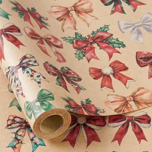RUSPEPA Julomslagspapper rulle för barn flickor, minirulle, färgglad rosettdesign med röd, grön, silver och guld, kraftpresentförpackning till jul, vinterfest, 43,2 cm x 5 m